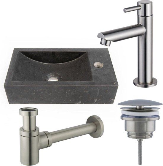 FortiFura Fuente fonteinset - 22x40x10cm - 1 kraangat - rechts - natuursteen - fonteinkraan RVS geborsteld - donker