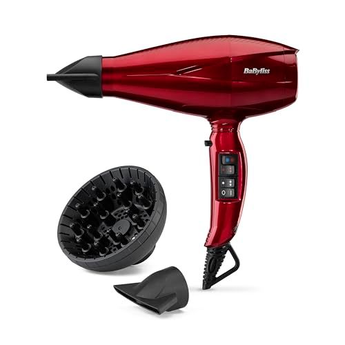BaByliss Pro Digital Haardroger met Diffuser - 2200W Ultra-Snelle Professionele Ionische Föhn, Gemaakt in Italië, 3 Temperatuur- & 4 Luchtstroominstellingen met Turbo Stand, Rood, 6001DE
