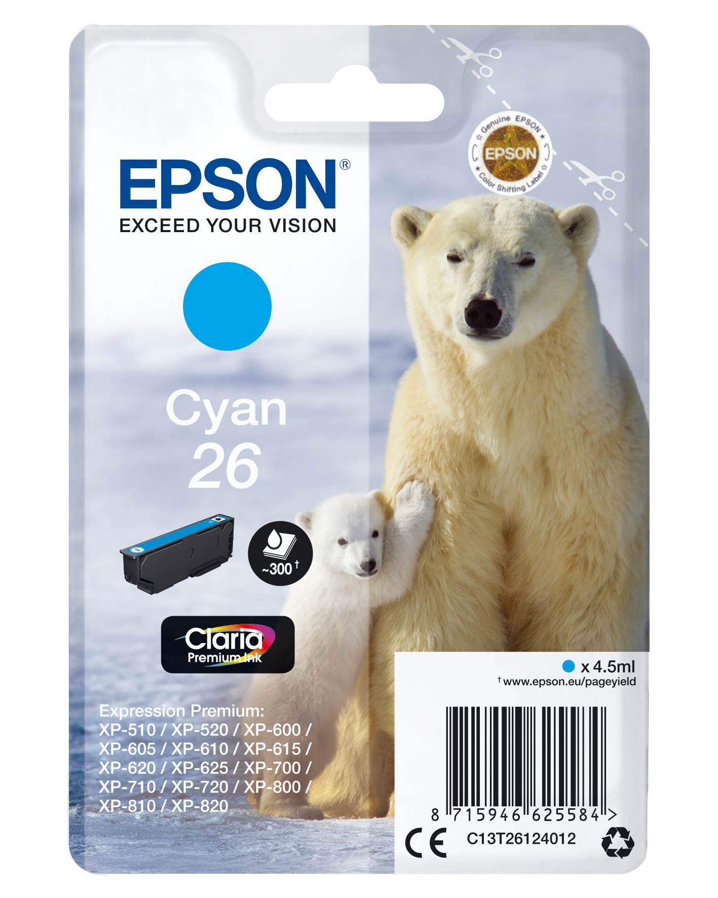 Epson Polar bear Singlepack Cyan 26 Claria Premium Ink single pack / cyaan