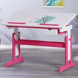 Inter Link – In hoogte verstelbaar bureau – kinderbureau – studentenbureau – kantelverstelling – boekenhouder – massief hout wit gelakt – applicaties in roze – roze/wit