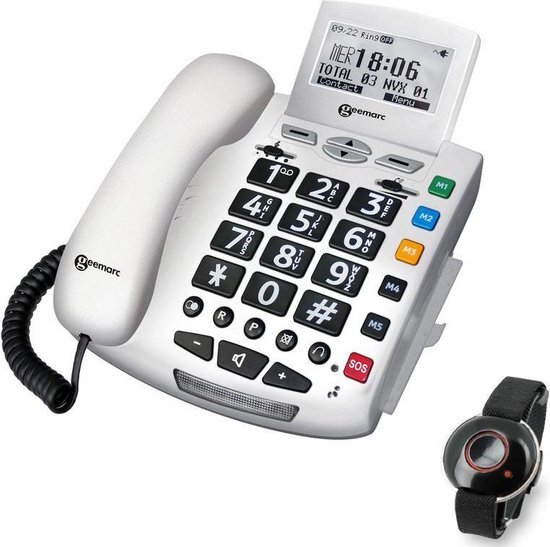 Geemarc SERENITIES telefoon met draagbare SOS-KNOP. Met nummerweergave en 30 dB GELUIDSVERSTERKING geschikt voor SLECHTHORENDEN en SLECHTZIENDEN