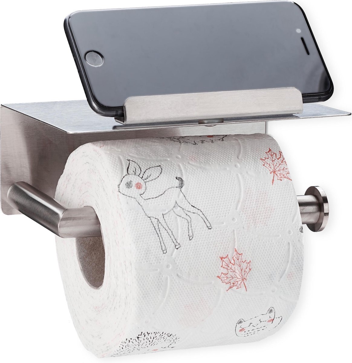 Relaxdays toiletrolhouder met plankje - geborsteld rvs zilver - wc rol houder zelfklevend