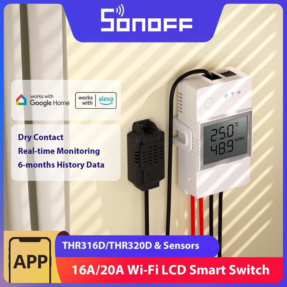 SONOFF THR316D/THR320D Smart Switch - Temperature & Humidity Monitoring - 16A/20A - Dry Contact Output - LCD
