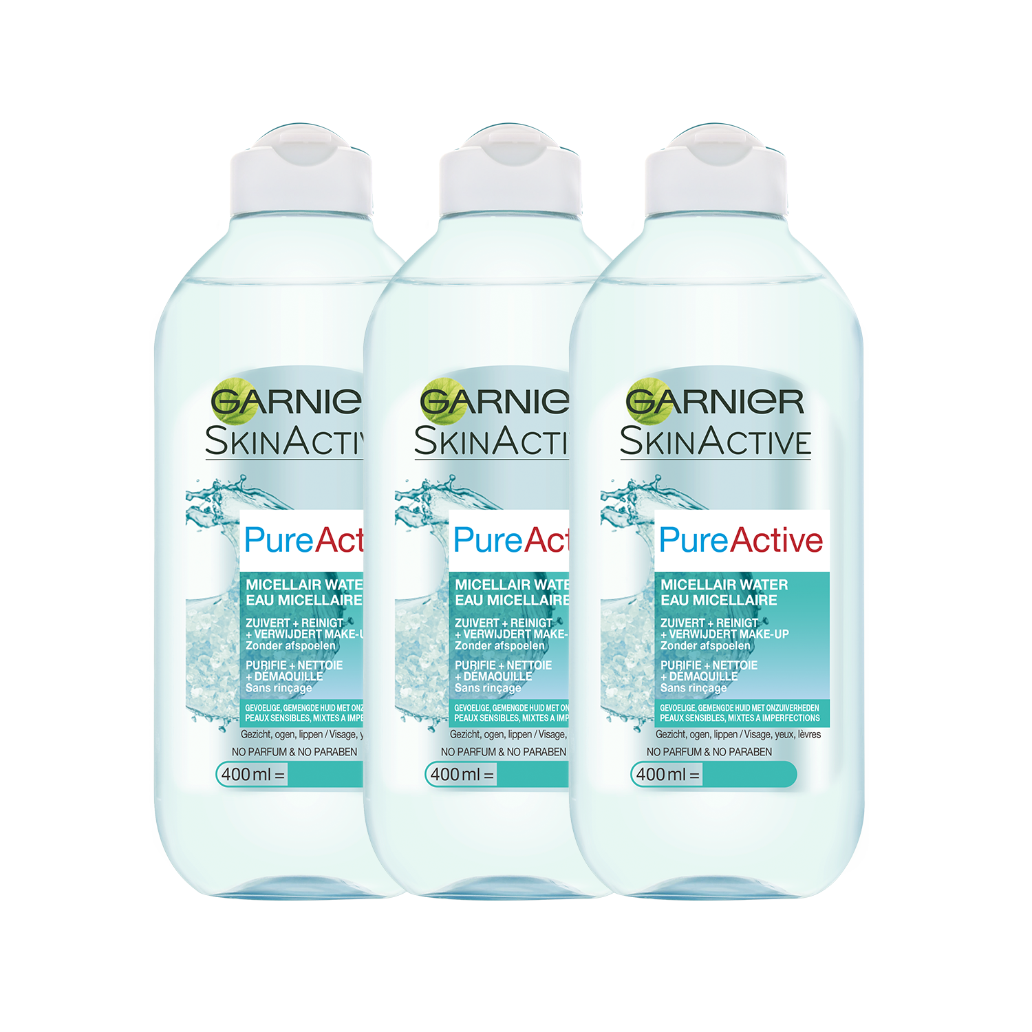 Garnier Skinactive Face Micellair Water Pure Active Gevoelige & Gemengde tot Vette Huid - 3 x 400ml - Gezichtsreiniging