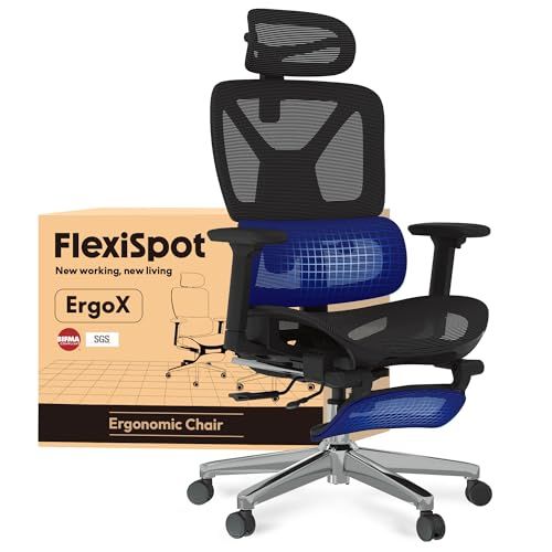 FlexiSpot ErgoX Ergonomische Bureaustoel Schrijfaantoel met Voetsteun, 3D-Armleuningen, 3D-Kopsteun, 5D-Rugleuning, Ademende Zitting, Belastbaar tot 130 kg, Werkaantoel, Zwart