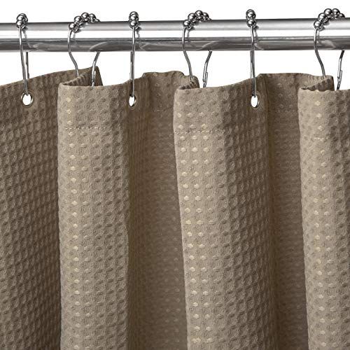 VANZAVANZU Wafelstof-douchegordijn met metalen douchegordijnringen, stof, textiel, badgordijn, anti-schimmel, badgordijnset waterdicht, zwaar douchegordijn, voor badkamer, 92 x 182 cm (kaki)