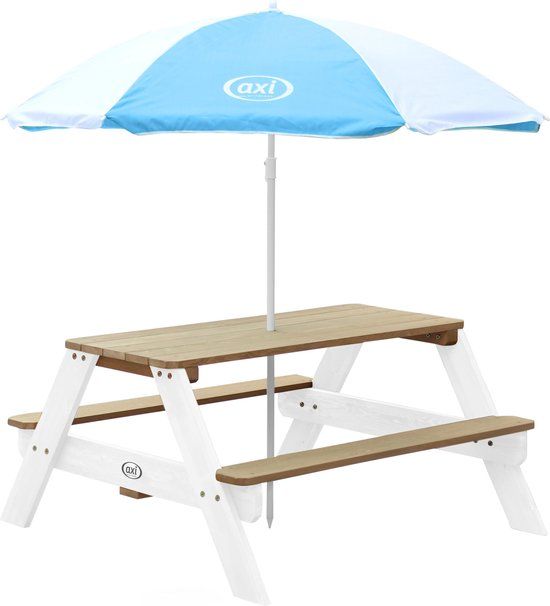 AXI Nick Picknicktafel Kinderen - Bruin/Wit met Blauw/Wit Parasol - FSC Hout