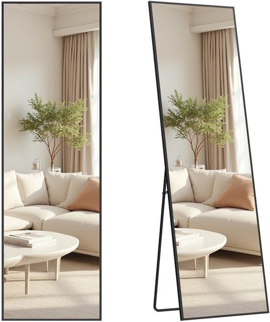 Songmics Rechthoekige staande spiegel - 160 x 50 cm - Aluminiumlegering frame - Gehard glas - Inktzwart