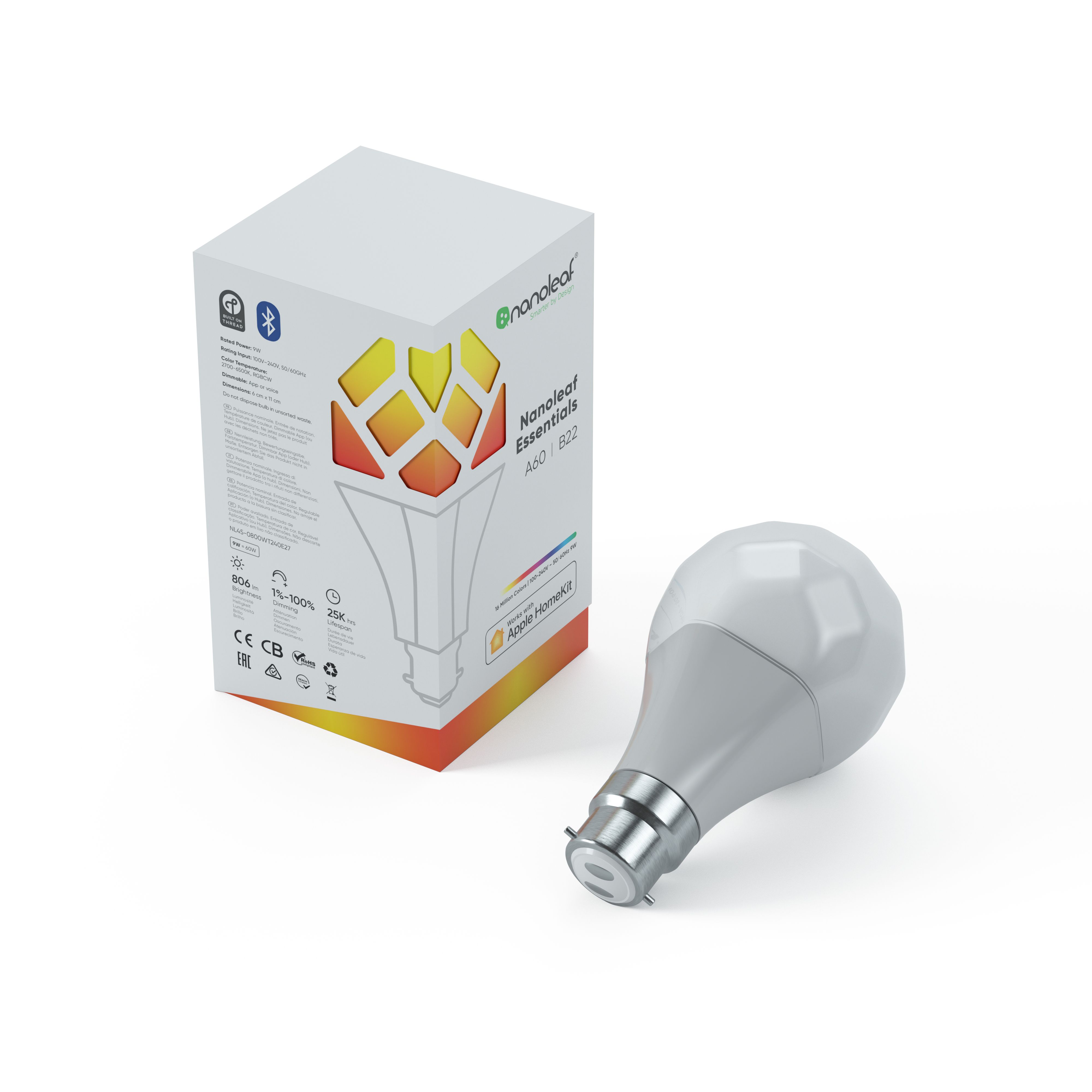 Nanoleaf A60 Smart LED Bulb - B22 - 9W - Bluetooth - White & Color