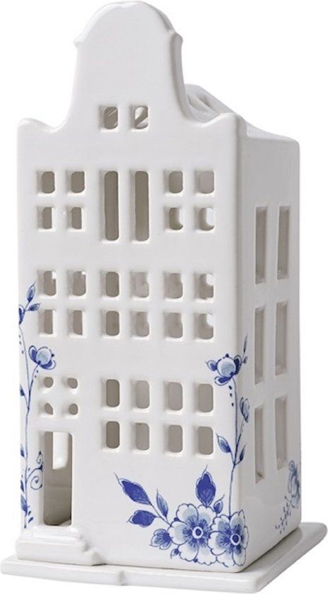 Heinen Delfts Blauw Waxinelichthouder Huis Klokgevel - Delfts Blauw Keramiek - 17cm