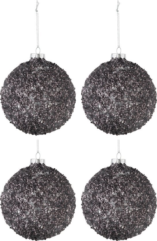 J-Line Doos Van 4 Kerstballen Glitter Glas Antraciet Grijs Medium