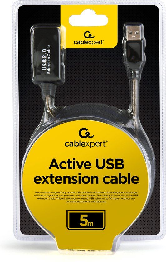 Gembird USB 2.0 A Male/Female Cable - 5m - Black
