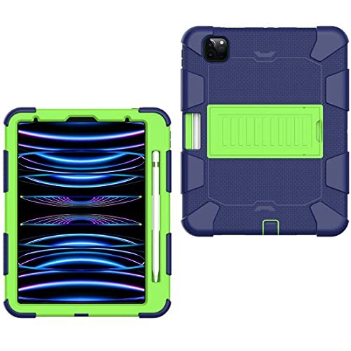 JOYLYJOME Compatibel met iPad Pro 11 valbestendige tablethoes, kleurblokkering siliconen iPad case, 3-in-1 design, valbestendig op alle vier hoeken, marineblauw + geelgroen