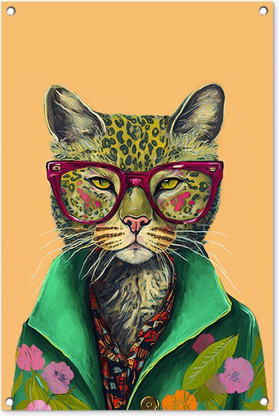GreatGardenPosters Tuinposter buiten Kat Bril Bloemen Hippie 60x90 cm - Tuindoek - Buitenposter - PVC - Rechthoek
