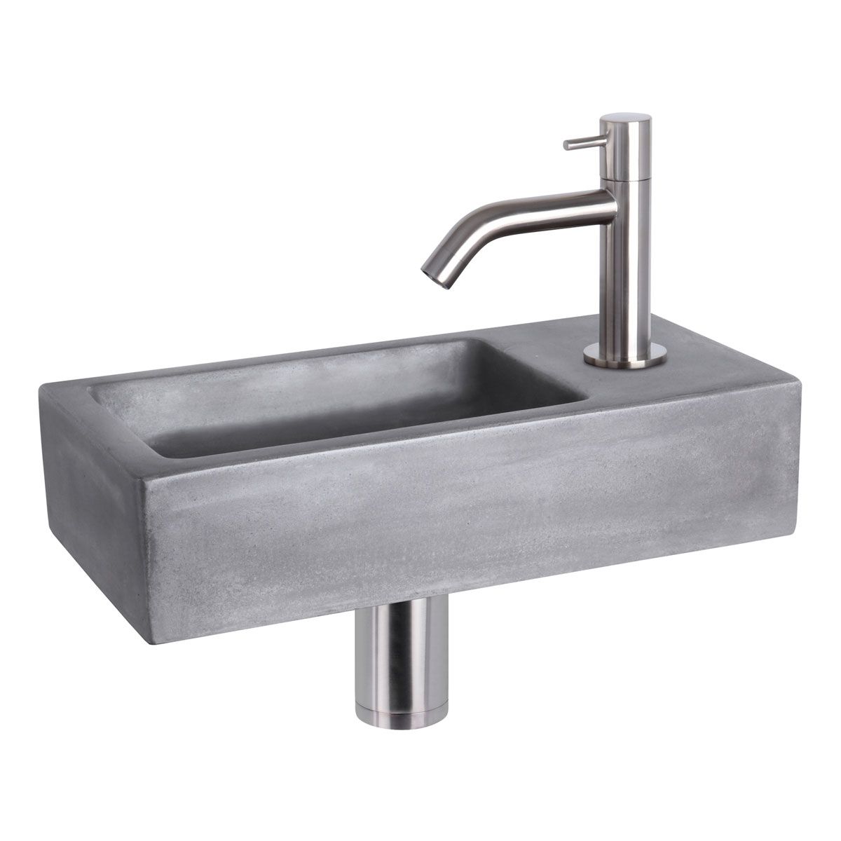 Differnz Fonteinset Ravo Rechthoek 38.5x18.5x9 Beton Donkergrijs Gebogen Toiletkraan Clickwaste Sifon RVS Look