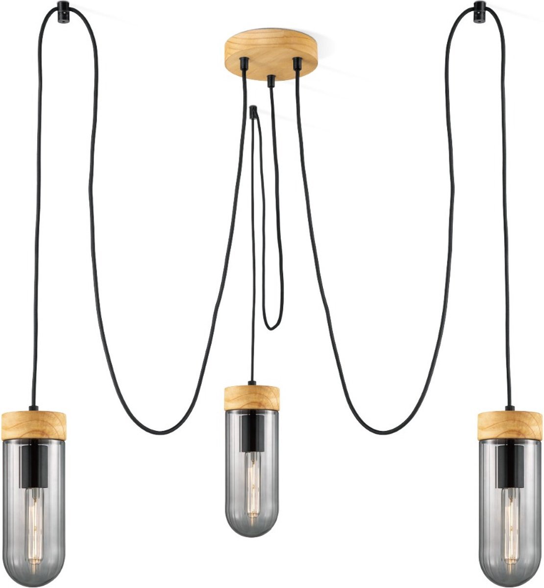 Home Sweet Home Hanglamp - Capri 3L - landelijk - industrieel - trendy spinlamp - E27 fitting - hout/smoke glas