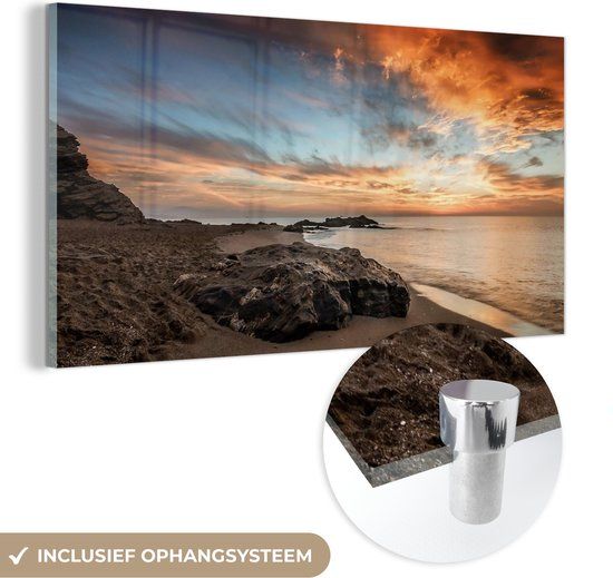 MuchoWow® Glass Painting 40x20 cm - Acrylic Glass Painting - Beach - Stones - Evening - Sky - Nature - Photo on Glass - Paintings
