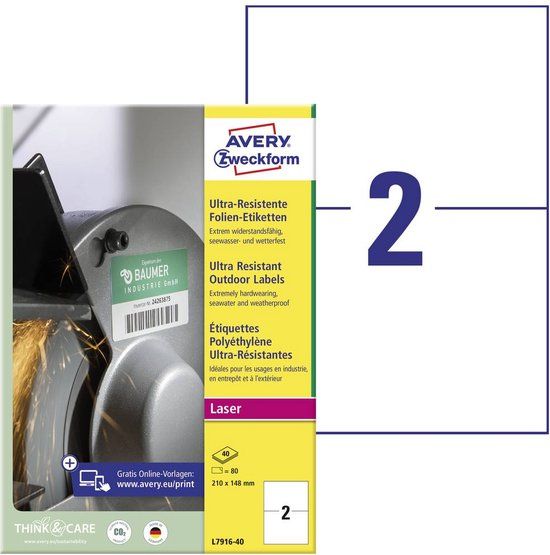 Avery Zweckform L7916-40 Universele etiketten 210 x 148 mm Polyethyleen folie Wit 80 stuk(s) Permanent hechtend Laser