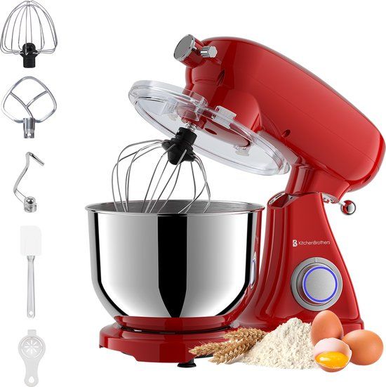 KitchenBrothers Keukenrobot - Keukenmachine - 6,2L Mengkom - 1800W - Keukenmixer - Aluminium - Rood