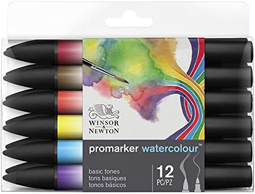 Winsor & Newton 0290165? ProMarker Aquarelmarker - 2 punten, penseel- en fijne punt, lichtecht, sterk gepigmenteerde aquarelverf voor kalligrafie, tekeningen, 12 kleuren set basiskleuren