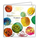 Vierkante kaart, goudkleurig, opschrift "Bon Retage on denken à toi vruchten vitaminen