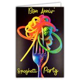 69-8122 Fluo-kaart, neontekst, goede verjaardag, spaghetti, pastafeest, met envelop, 12 x 17,5 cm, Italiaanse keuken, binnen, wit, om te schrijven, echte fluo-inkt, gemaakt en geproduceerd in