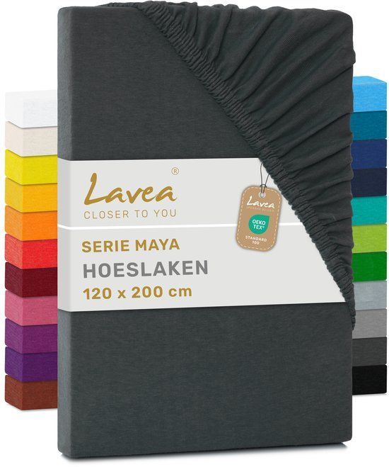 Lavea Jersey hoeslaken, Maya-serie, 100% katoen, antraciet, 120 x 200 cm