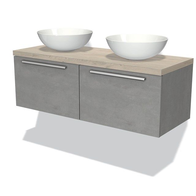 Maxaro Badkamermeubel Modulo Plato 120cm Lichtgrijs Beton 2 Lades Vlak Lichtgrijs Eiken Blad