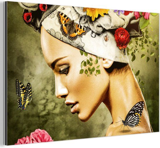 MuchoWow Aluminium Schilderij Industrieel - Vrouw - Bloemen - 180x120 cm