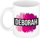 Bellatio Decorations Deborah naam cadeau koffie mok - beker - met roze verfstrepen - Cadeau collega - moederdag - verjaardag - juf - coach - 300 ml - wit