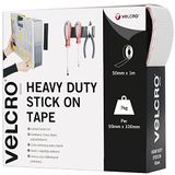 VELCRO Merk, Heavy Duty Stick On Tape, op lengte gesneden industriële extra sterke dubbelzijdige haak & lus zelfklevende tape perfect voor kamerinrichting en thuis, kantoor, garagegebruik, wit, 50 mm