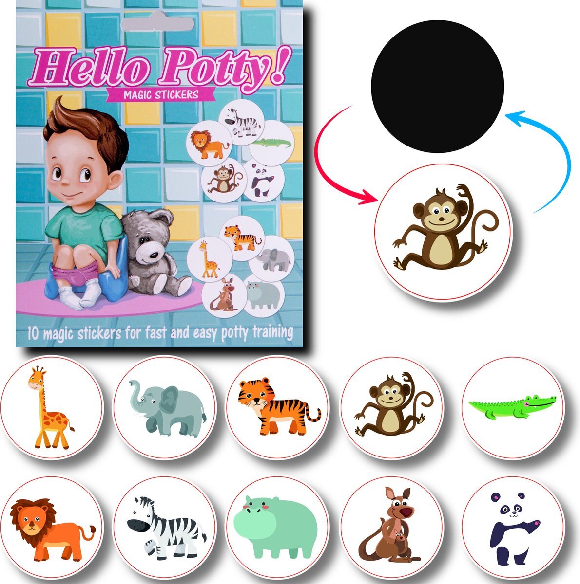 KLUZOO Hello Potty! - 10 Magic Stickers met Dieren - Zindelijkheidstraining Kind - Plasstickers voor kinderen- 10 Magische plasstickers - Potjestraining