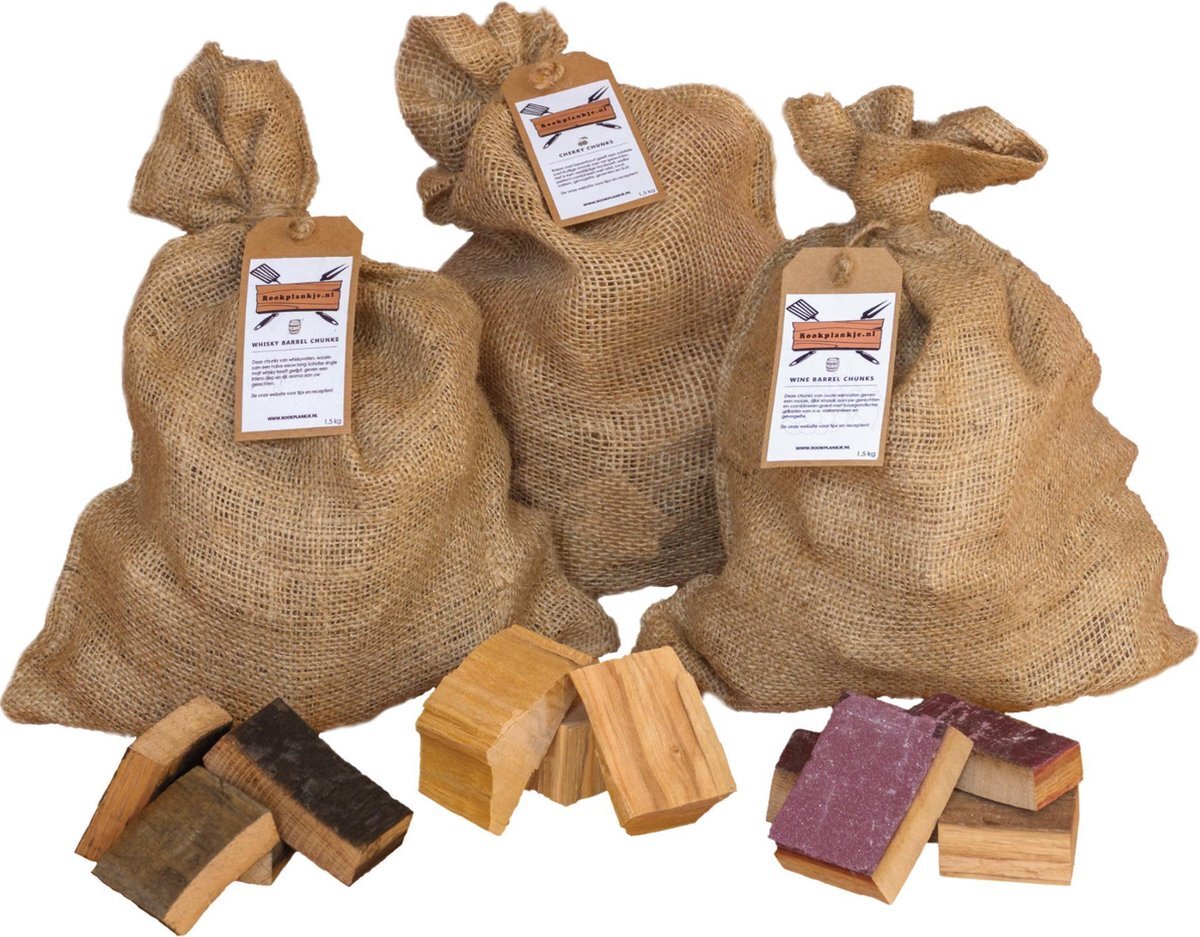 Rookplankje.nl Chunks Assortiment | Kersen, Wijn, Whisky | BBQ | Rookhout | Kadopakket