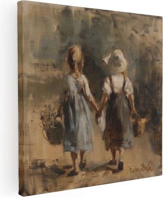 Artaza Canvas Schilderij Twee Kleine Meisjes die Manden Vasthouden - 80x80 cm - Canvas Print
