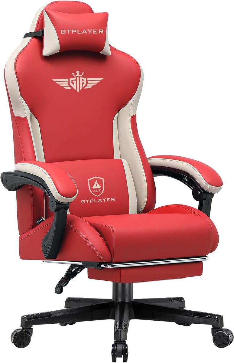 GTPLAYER Ergonomische Gamingstoel in Kunstleer met Lendensteun, Stoel Computerstoel met Verlengde rugleuning, belastbaar tot 150 kg, rood