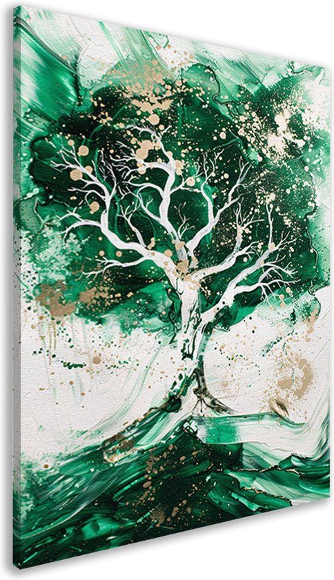 Merkloos / Sans marque Canvas schilderij Verfspatten - 60x90 cm - Groen/Wit/Goud