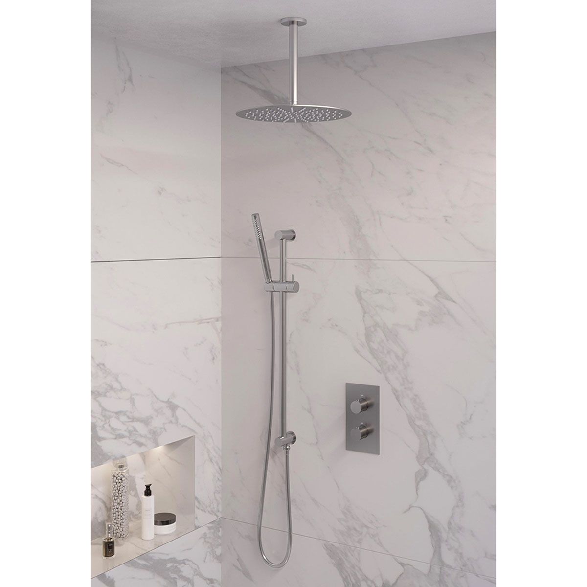 Brauer Regendoucheset 42 Inbouw Muur Brushed Edition 30cm Rond Geborsteld Nikkel PVD 2 Greeps 3-weg met Thermostaatkraan Glijstang en Staafhanddouche
