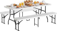 LifeGoods Inklapbare Picknickset - 180cm x 74cm - Tuintafel met 2 Banken - Wit