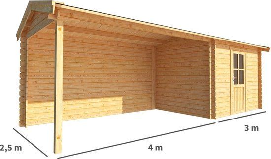 Merkloos Blokhut met overkapping Fenna 700 cm bij 250 cm diep Zadeldak bruin