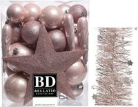 Decoris Kerstversiering 35x stuks - lichtroze - kunststof kerstballen 5-6-8 cm - ster piek - sterren slingers