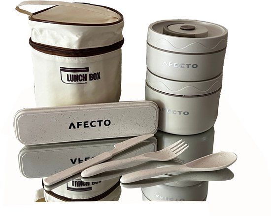 Afecto Premium RVS Lunchbox met tas + bestekset - to go - 0.55L - Beige