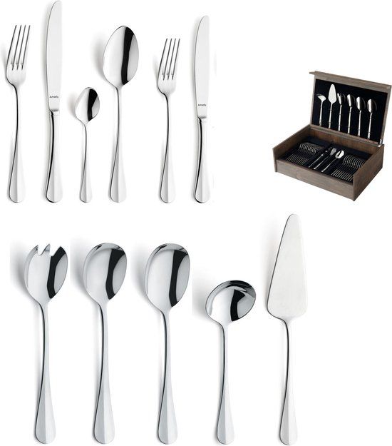 Amefa Baguette - 78-delige bestekset - voor 12 personen - hoogglans - zilverkleurig - in luxe houten kist
