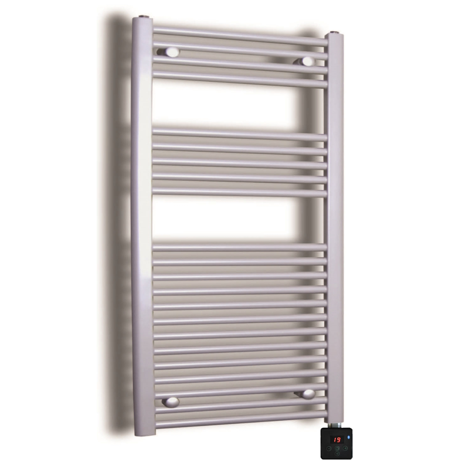 Sanicare Elektrische design radiator sanicare plug & play 111,8x45 cm inox look 596 watt met zwarte thermostaat en bluetooth links