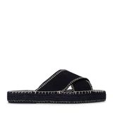 Sacha - Dames - Zwarte suède slippers met witte stiksels - Maat 38