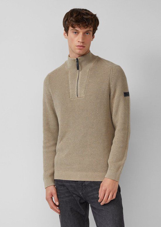 s.Oliver Strickpullover met Troyer-kraag, grof gebreid, lange mouw, effen, regular fit, katoen, lichtbeige, maat L