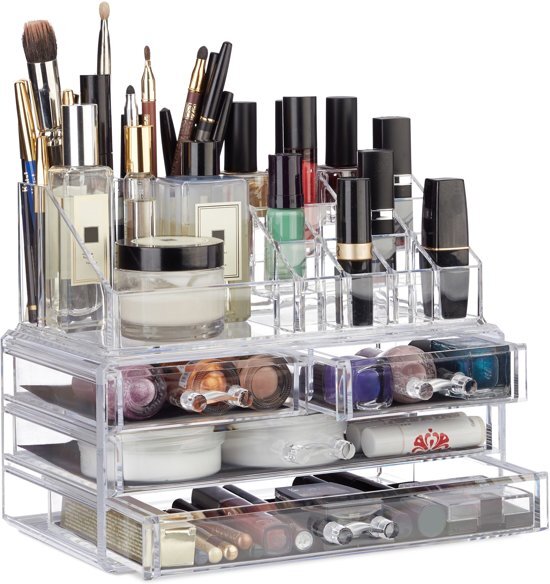 Relaxdays make-up organizer - tweedelig - cosmetica opbergdoos + lippenstift houder doorzichtig