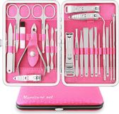 Merkloos Unyqoos® 23-delige manicure- en pedicure-set met roestvrijstalen gereedschap, roze/zilver, met lederen reistas