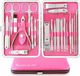 Merkloos Unyqoos® 23-delige manicure- en pedicure-set met roestvrijstalen gereedschap, roze/zilver, met lederen reistas