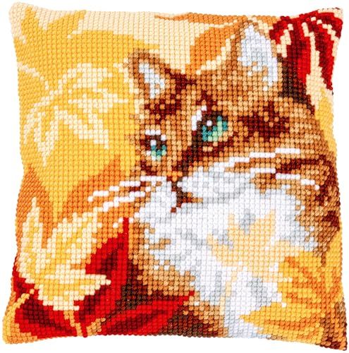 VERVACO Borduurpakket Kussen Kruissteek KAT MET HERFSTBLADEREN Voorbedrukt Handwerkpakket voor Sierkussen 40 x 40 cm Zelf Maken Knutselen voor Volwassenen Woondecoratie DIY Kit