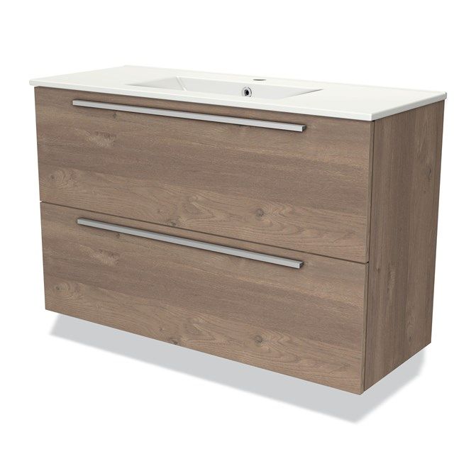 Maxaro Badkamermeubel 100cm Modulo Slim Middenbruin Eiken 2 Lades Vlak Wastafel Keramiek